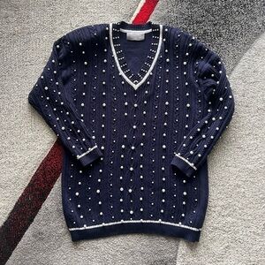 Marisa Christina Collection Pearl Embellished V Neck Sweater